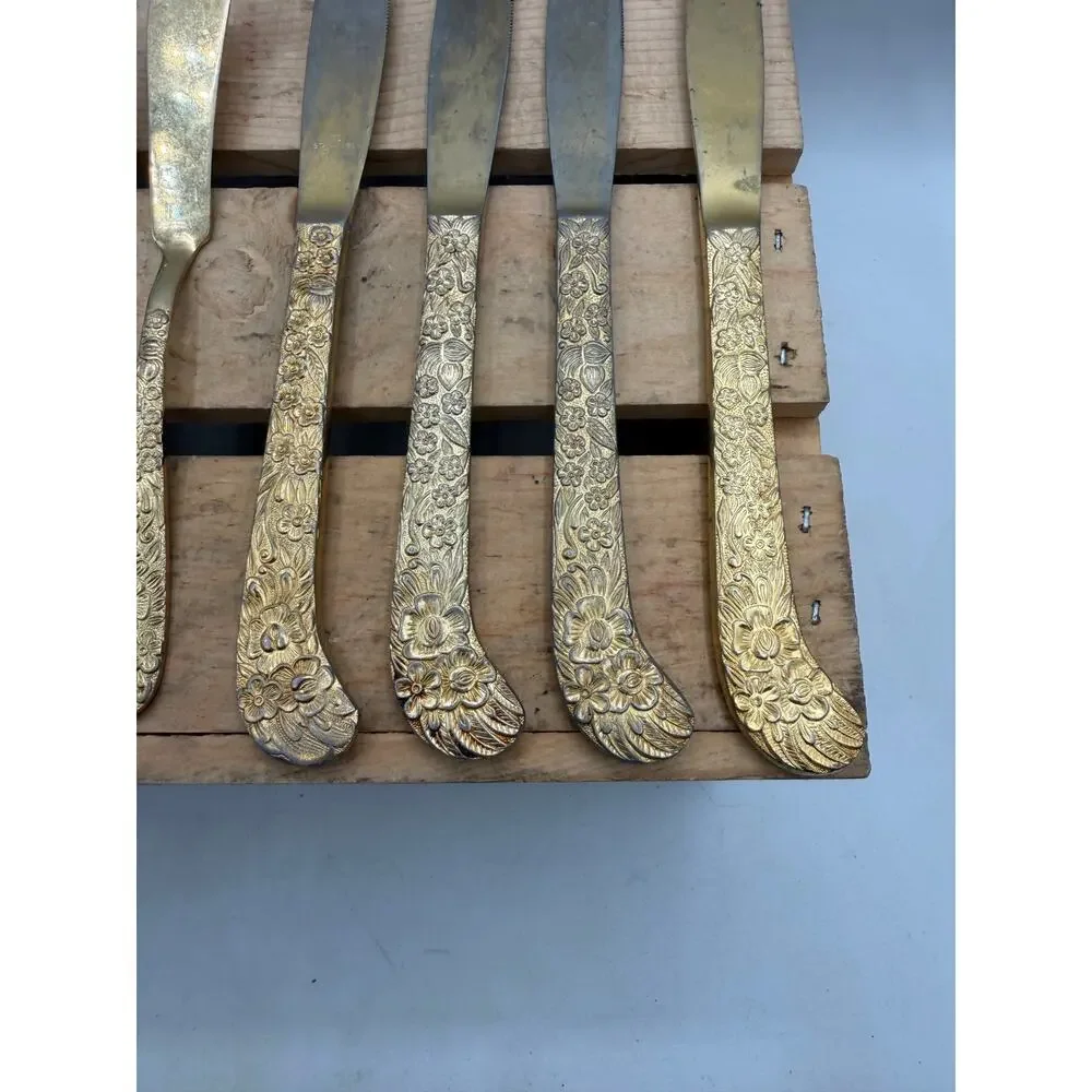 Vintage Lifetime Cutlery Gold-Tone Floral Stainless Flatware – 9 Piece Set